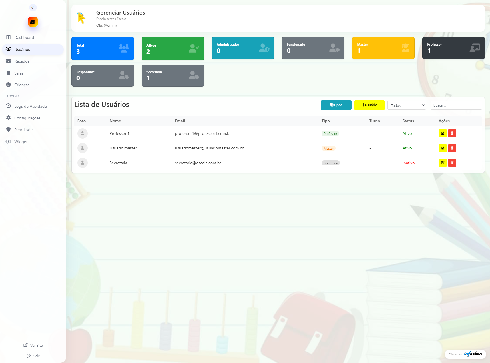 Tela do sistema de gestão para escolas e CEIs